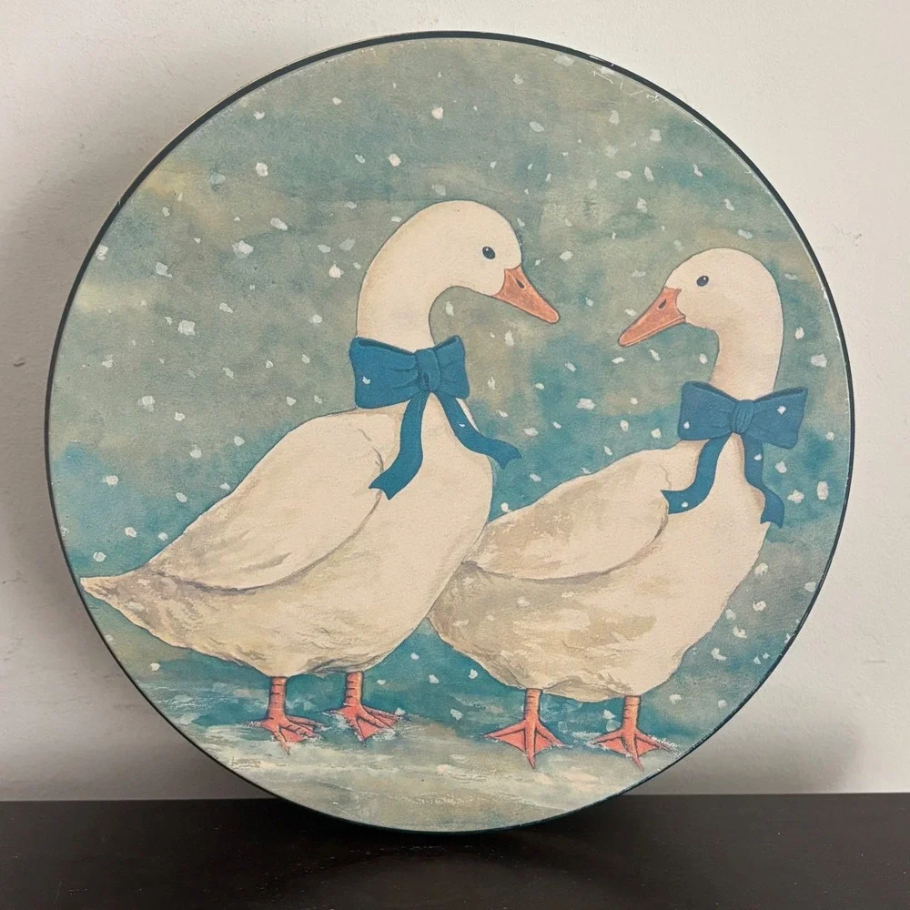 Vintage Country Geese Blue Bowed Goose 80s Biscuit Tin Sewing Kit Button Box